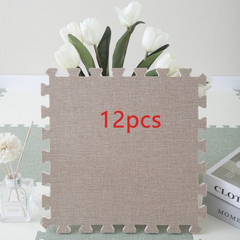 Tapis puzzle carré 12 pièces, tapis d'entraînement en lin, insonorisé, lavable, 3030 cm, beige (1/5)
