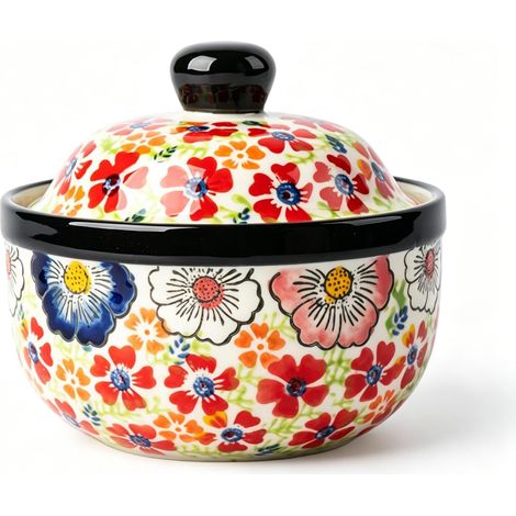 Mini-Keramiktopf mit Deckel, handbemalter Keramiktopf, Mehrzweckschüssel, kann zum Servieren von Suppen, Desserts, Eiern, Crème brûlée, Soufflé usw. verwendet werden, klein und fein, mikrowellen- oder (1/5)