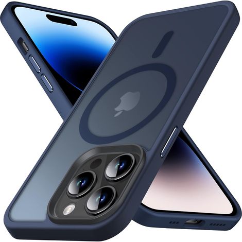 CUSTODIA PER APPLE IPHONE 14 PRO MAX BLU NAVY RETRO SEMI-TRASPARENTE + MAGSAFE (1/5)