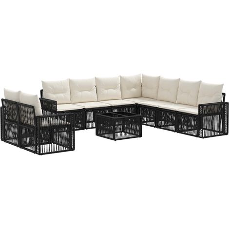 vidaXL Set Divano da Giardino 10 pcs Nero e Bianco Crema polyrattan