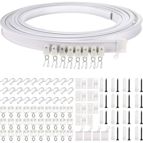 Rail de Rideau Incurvé au Plafond Pliable 5 Mètres Support de Rideau de Plafond Flexible Rail Incurvée de Fenêtre pour Rail de Rideau avec Système de Rideau de Rail (Blanc, Crochet Argent)