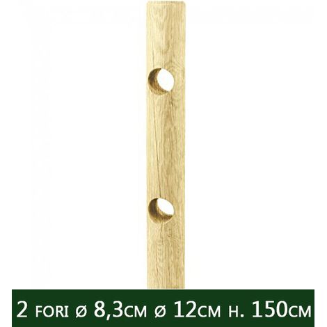 5PZ Palo in legno Ø CM 12x150 H Ø 2 fori passanti Ø 8,3 CM  CON PUNTA trattati impregnati per staccionata o steccato per recinzione Pali Tondi forati (1/2)