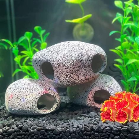Décoration d'aquarium en forme de grotte rocheuse pour crevettes, élevage de cichlidés, cachette pour poissons - Lot de 3 pierres (1/4)