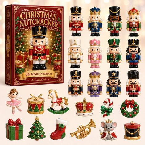 Adventskalender 2026 – 24-teilig – rot, rosa, grün, blau – Acryl – 24 Tage mit Nussknacker-Weihnachtsbaumschmuck – Christbaumschmuck – geeignet für Weihnachten und als Dekoration für den Wohnbereich (1/3)