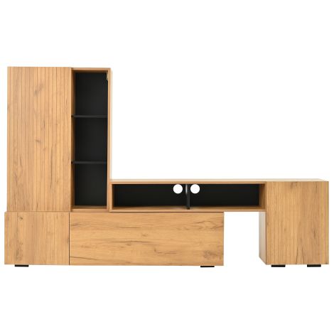 Ensemble mural TV 2 pièces couleur bois + noir avec vitrine, meuble TV à longueur flexible jusqu'à 265cm, étagère sur pied, pour TV 120 pouces (1/5)