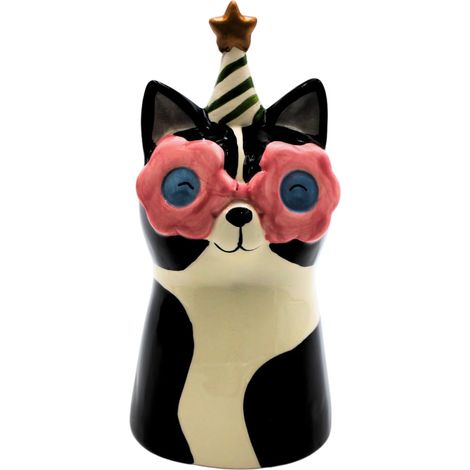 Vase décoratif en céramique avec Lunettes de Soleil et Chapeau de fête - Noir et Blanc - Dimensions : 10 x 10 x 20 cm (1/5)