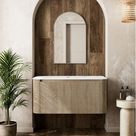 1000mm Fluted Countertop Bathroom Vanity Unit Wall Hung Storage Oak Effect No Basin (1/5)
