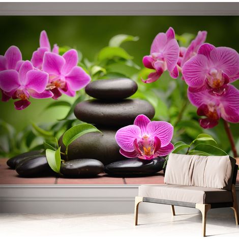 Carta da parati autoadesiva - fotomurale - alta qualità - per la cucina - camera da letto - Orchidee e pietre 312x219 cm (1/5)