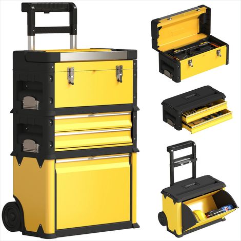 Ensemble empilable 3 en 1 de boîtes à outils sur roulettes en acier jaune – 52 x 32 x 72 cm, charge 45 kg (1/5)