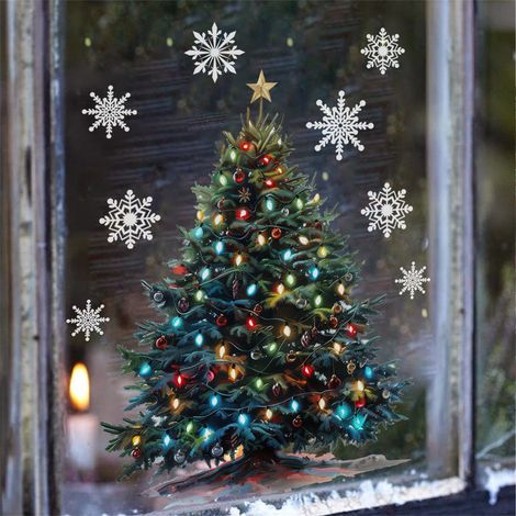 Sticker Fenêtre Noël - Flocon De Neige Et Arbre De Noël - Impression Recto Verso - Réutilisable Sans Résidu - Pour Vitre Miroir Ou Mur - Lot De 12 (1/5)