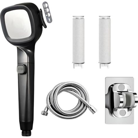 Douche à 4 jets noir avec flexible acier inoxydable 1,50 m et fonction stop-jet intégrée – Support électroplaqué (1/5)