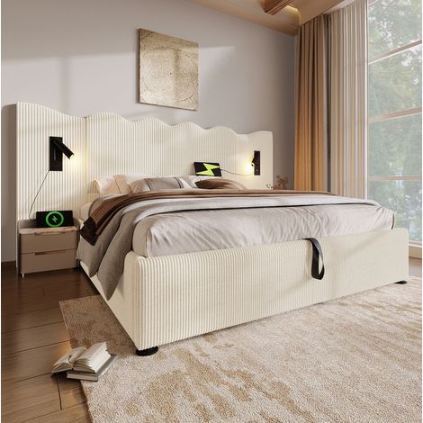 Cama con canapé 180x200 con lámpara, USB Type-C, tejido beige y blanco DESVIAE (1/5)