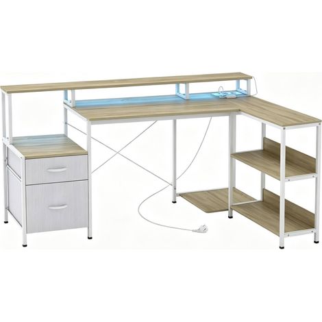 Eckschreibtisch für Computer mit RGB-LED, integrierten Steckdosen, Monitoraufsatz und 2 Schubladen (1/4)