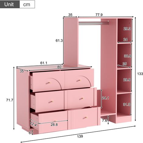 Armario moderno multiusos, armario abierto con barra para colgar ropa, 6 cajones y estantes laterales, mueble de almacenamiento para dormitorio, rosa, 139 × 35 × 133 cm (1/5)