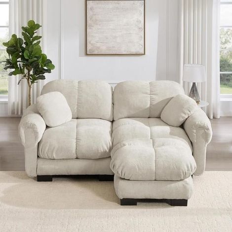 Canapé d'angle - KOMHTOM - Canapé 2 places L modulaire - Chenille beige - Ottomane mobile - Assise moelleuse (1/5)