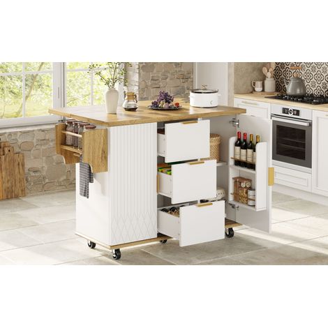 Chariot de cuisine avec plan de travail rabattable et prise électrique, îlot mobile sur roulettes, blanc effet bois, charge max 70 kg (1/5)