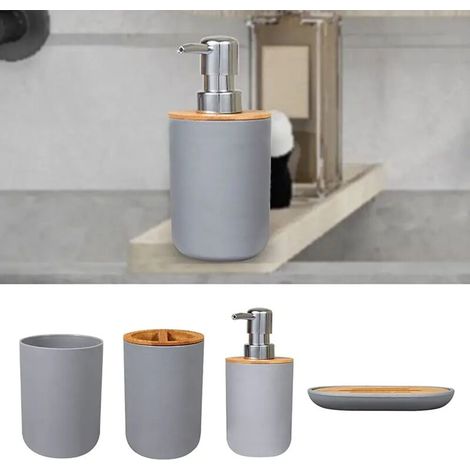 Ensemble d'accessoires de salle de bain, ensemble de 4 pièces durable, ensemble d'accessoires de salle de bain avec distributeur de savon, porte-brosse à dents, gobelet, porte-savon (gris) (1/5)