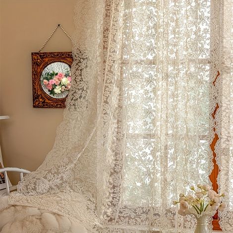 Voilage beige – 130x100 cm – Dentelle rétro – Floral – Filtre lumière – Petite fenêtre