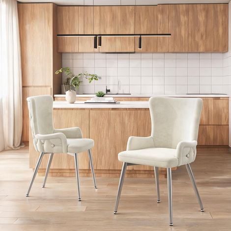 Fauteuil de salle à manger en velours beige avec piètement métal (1/5)