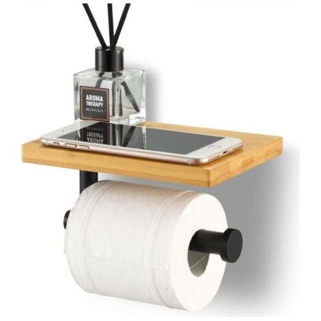 BUNTHAUS PA Toilettenpapierhalter mit Ablage, Bambus, Badezimmer-Rollenhalter, SUS304 Edelstahl, Wandmontage, Installation mit Schrauben oder 3M, selbstklebend, Schwarz (1/4)