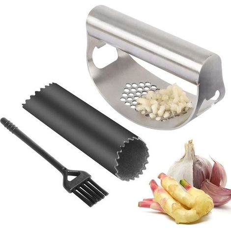 Presse Ail Acier inoxydable Qualité Alimentaire, Presse-Ail Broyeur D'ail et Silicone Ail Éplucheur Brosse De Nettoyage Facile À 352 (1/4)