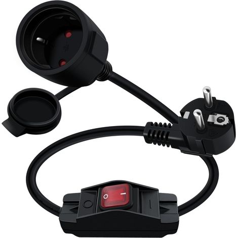 Cable D'extension Schuko Court avec Interrupteur 16A 250V Rallonge Schuko Courte avec Interrupteur Prise IP44 pour Usage Extérieur ou Intérieur (Noir, 0.5 m) (1/5)