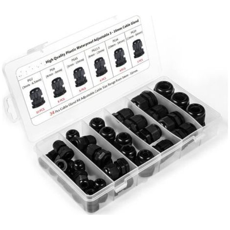 34 Pack Waterproof Plastic Cable Glands - Models PG7, PG9, PG11, PG13.5, PG16, PG19 - Water and Dust Protection (1/4)
