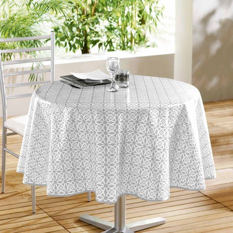 Nappe Ronde en Toile Cirée "Abaca" 160cm Gris & Blanc