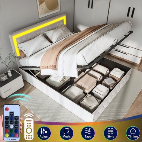 Lit coffre double 140x200 cm avec coffre de rangement,avec LED,Tête de lit réglable, Sommier à lattes, Moderne, strass,Velours,Beige