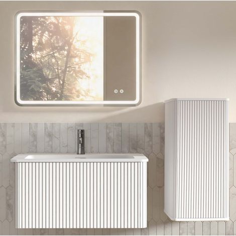 Mueble de baño con lavabo, espejo LED y mueble lateral blanco 81 cm (1/5)