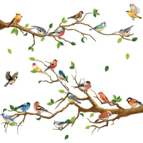 CSPARKV 4 Pcs Stickers Muraux Oiseaux de Jardin sur Branches Autocollants Muraux Amovibles Oiseaux sur Arbre Décoration Murale Facile à Décoller et à Coller pour Maison Chambre à Coucher Salon (1/5)