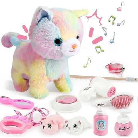 Chat en peluche électronique télécommandé pour enfants, jouet interactif, aboie, marche, vêtements de jeu, animal en peluche qui marche (1/3)
