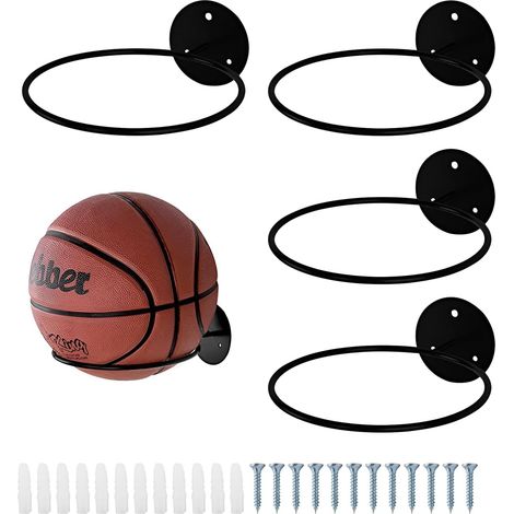 Lot de 4 porte-ballons muraux en métal, support mural pour basket-ball, football, volley-ball, rugby