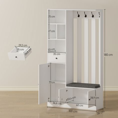 Armoire de 180 cm avec penderie, banc à chaussures, 4 crochets, étagères ouvertes, MDF, blanc (1/5)