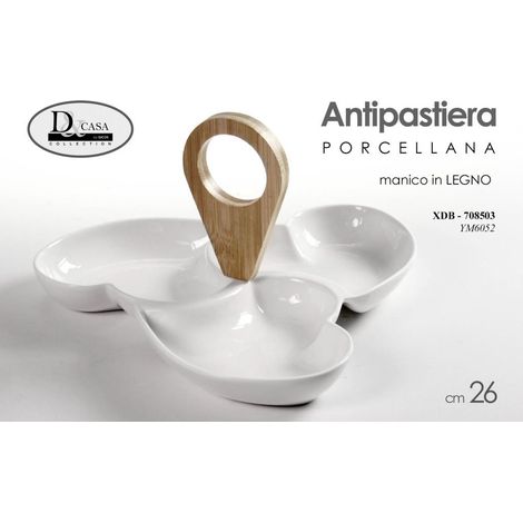 Antipastiera Snack in Porcellana con Manico in Legno 3 Scomparti 26 cm