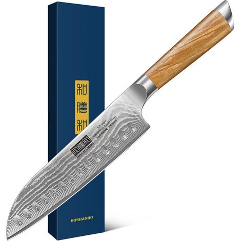 Couteau de Chef, Couteau de Santoku 18cm, Super Tranchant 67 Couches Damas en Acier Japonais Couteau de Cuisine avec Manche en Bois (1/5)