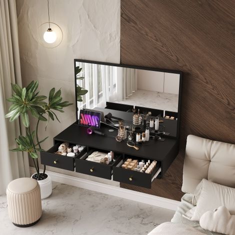 Coiffeuse murale avec miroir, 3 tiroirs, prise électrique, emplacement pour tablette et porte-gobelet noir, 100 × 105 × 45 cm (L × H × P) (1/5)
