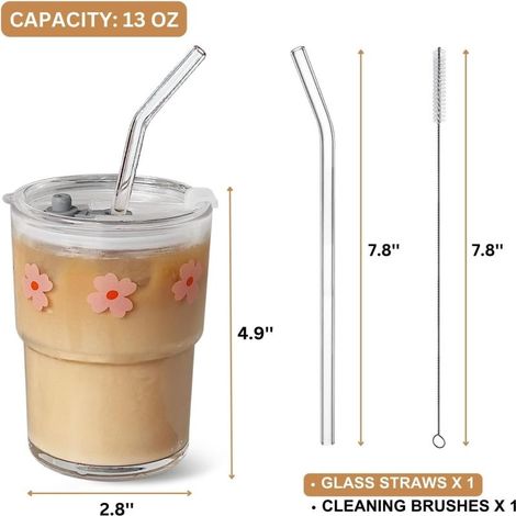 Gobelet en verre transparent de 384 ml avec paille et couvercle en verre, motif floral rose (convient pour le café glacé, le café chaud, etc., réutilisable) (1/5)