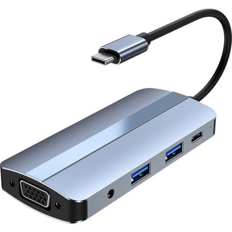 Hub USB BYL-2105 8 en 1 USB-C /USB 3.0+2.0+USB Tipo C+VGA+HDMI+microSD+TF Plata (1/4)