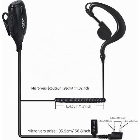Oreillette Talkie Walkie 2 Broches avec Mic PTT, Casque Écouteurs Radio Sécurité en Forme de G pour UV-5R UV-82 BF-888S RT24 RT27 RT622 (1/2)