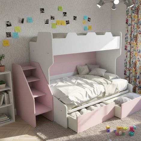 Letto a castello 3 posti con terzo letto estraibile e scaletta contenitore - Una piazza e mezza - bianco e cipria