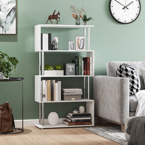 HOMCOM Bibliothèque étagère Design Contemporain en S 4 Niveaux 80L x 30l x 145H cm Coloris Blanc