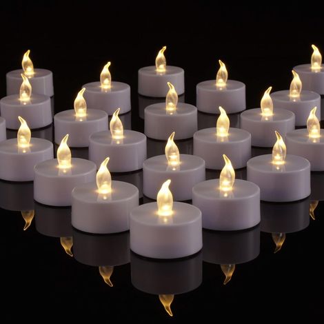 Bougies chauffe-plat LED Lot de 24 (Piles CR2032 Incluses) Flamme Realiste, 100+ Heures, Sans Feu pour Mariage, Fetes, Maison, Jardin, Terrasse - Lumière Blanc Chaud. (1/5)