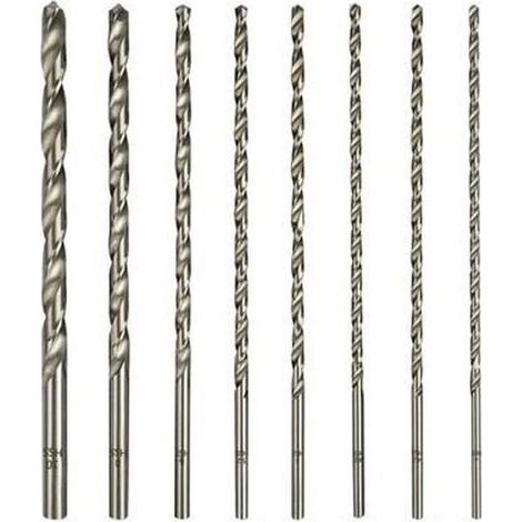 Set mit 8 extra langen 200 mm HSS-Bohrern mit geradem Schaft, Durchmesser 4 mm, 4,2 mm, 4,5 mm, 5 mm, 5,2 mm, 6 mm, 8 mm und 10 mm. Bohrwerkzeug für Holz. (1/5)