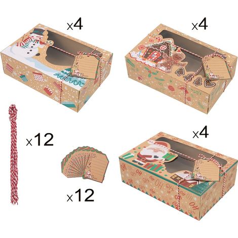 [Boîtes de Noël kraft papier] Boîtes de Noël kraft papier  Ensemble de 3/6/9/12  Étiquettes & rubans inclus (1/5)