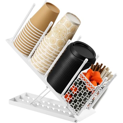 Youyijia Adjustable 4-Compartment Cup & Lid Holder with Removable Straw Basket Heavy-Duty Metal Coffee Cup Dispenser for Bar Office Restaurant Organizes 100 Disposable Cups Straws & Pods (White) (1/5)