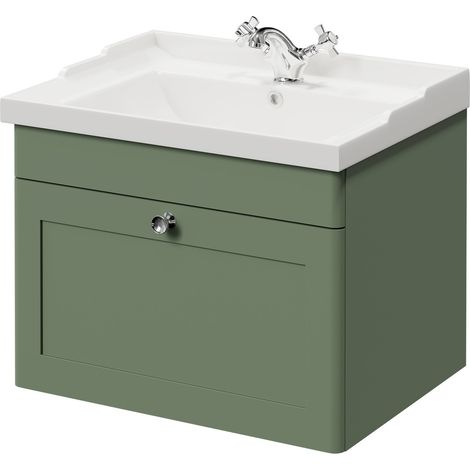 Wholesale Domestic Danbury Satin Green 600mm Wall Mounted Vanity Unit with 1 Tap Hole Traditional Basin and Single Drawer with Polished Chrome Handle (1/5)