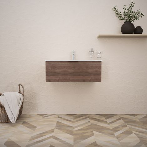 Inda - Badezimmerschrank B.80 mit glänzendem Waschbecken / Braune Eiche 1 Schublade - Topazio