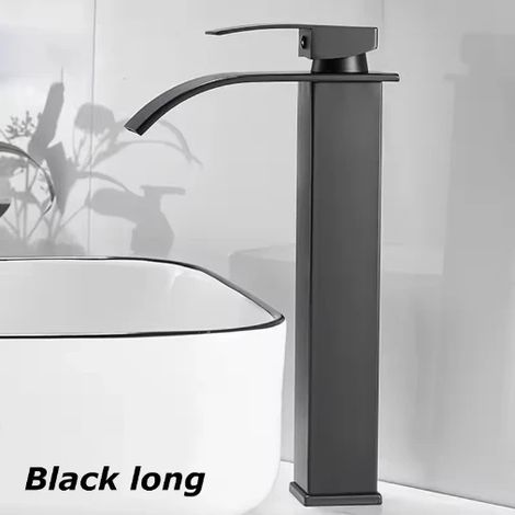 Lavabo cascade noir long en acier inoxydable avec robinet mitigeur réglable et chauffe-eau noir pour salle de bain (1/5)