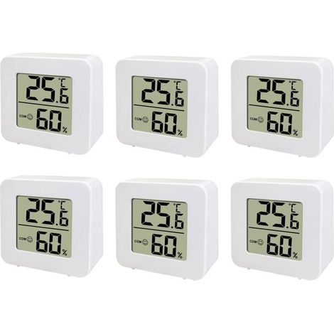 Set di 6 mini termometri e igrometri digitali per interni, precisi e compatti, ideali per casa, ufficio o serra.